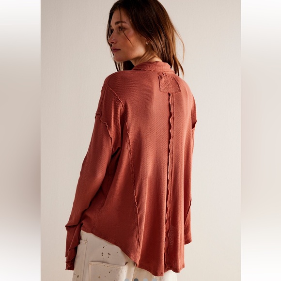 Free People We The Free Feelin' Fresh Shirting Cotton Ruffle-Front Warm Stone S - Picture 2 of 16